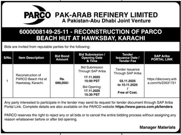 Pak Arab Refinery Limited Tender Notice